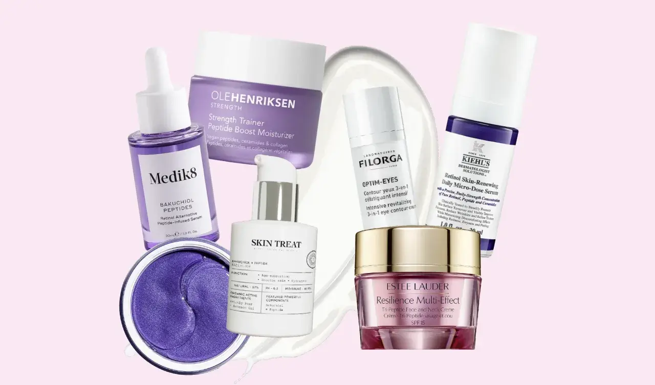 En samling hudvårdsprodukter med fokus på peptider, inklusive serum, ögonkräm och fuktkräm.