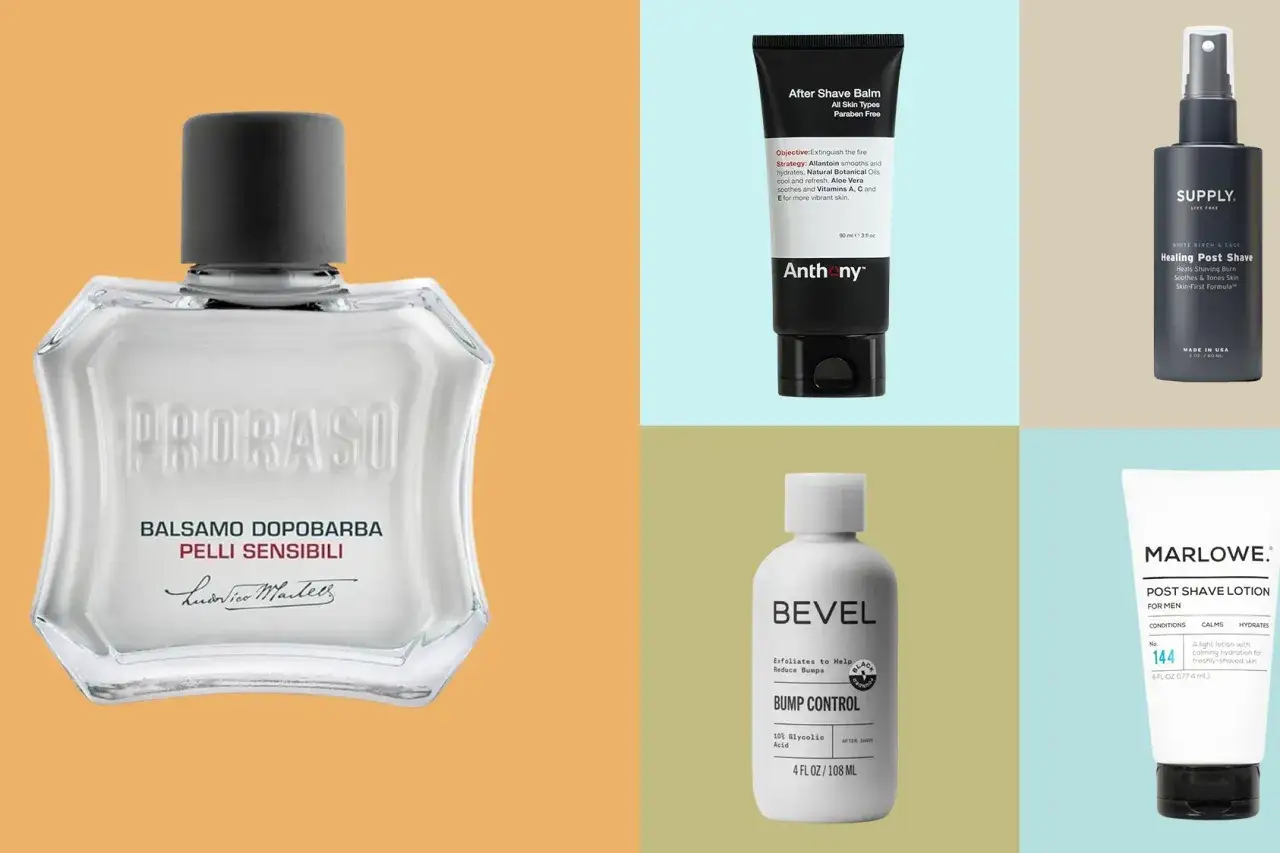 H&auml;r &auml;r en samling after shave-produkter: Proraso balsam, Anthony after shave balm, Supply healing post shave, Bevel bump control och Marlowe post shave lotion.