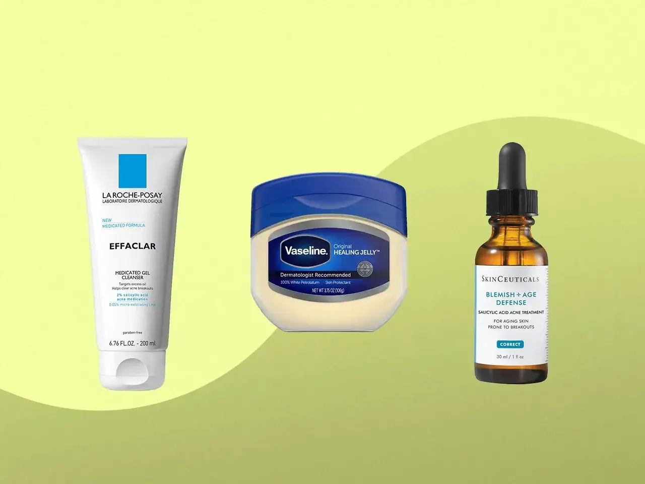 Produkter för att bekämpa finnar i ansiktet: La Roche-Posay Effaclar rengöring, Vaseline Healing Jelly och Skinceuticals Blemish + Age Defense serum.