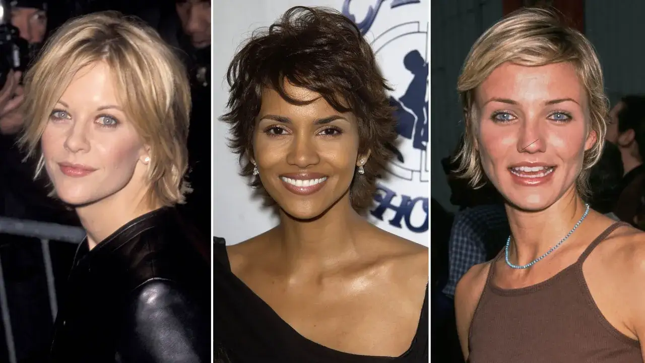 Tre kändisar med tuffa korta frisyrer dam: Meg Ryan, Halle Berry och Cameron Diaz.
