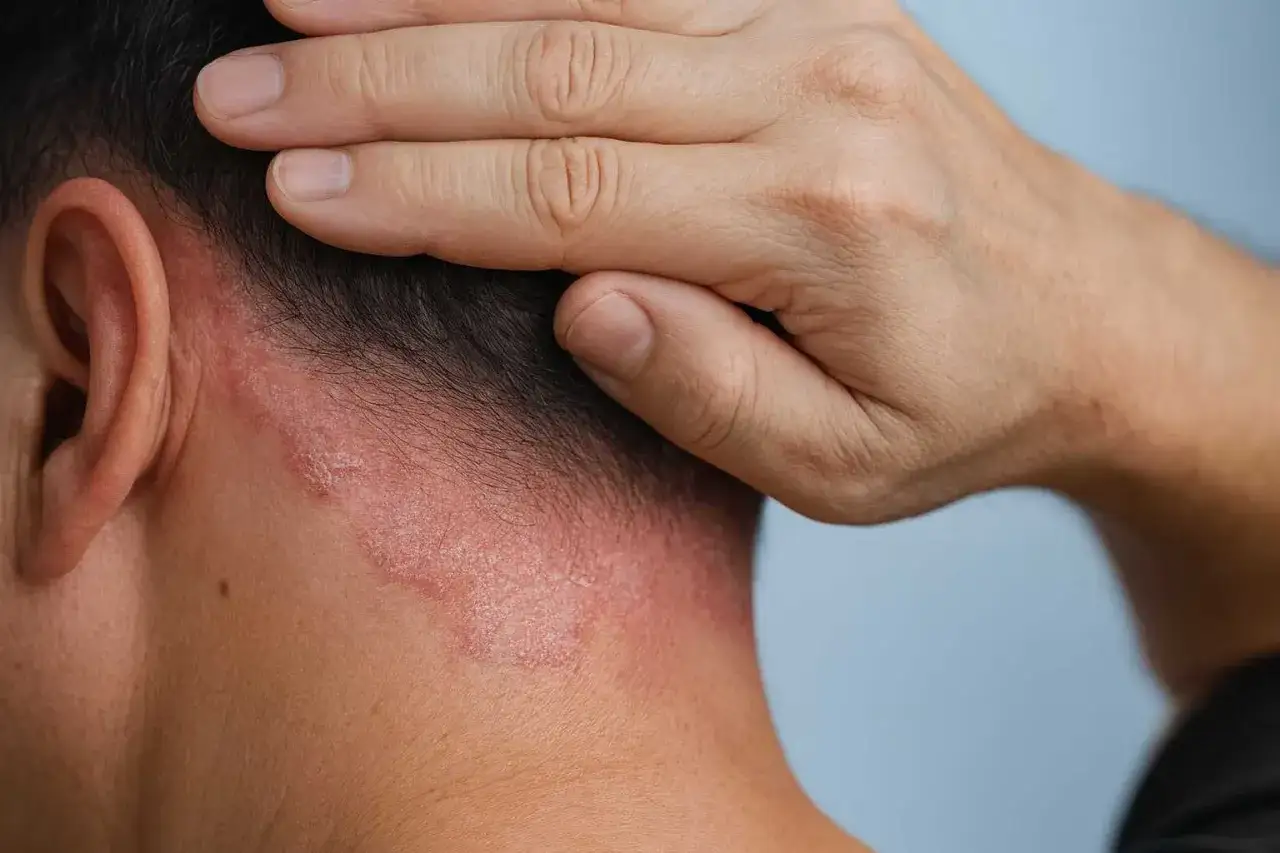 Nära bild på en persons nacke och öra med tydliga röda, fjällande utslag som indikerar svamp eller psoriasis i hårbotten.