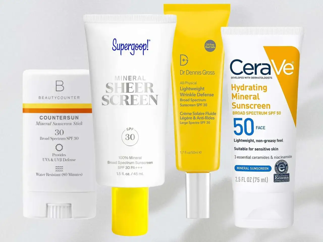 Fyra tuber och en stick med mineral solskydd fr&aring;n olika m&auml;rken, alla med SPF 30 eller 50.