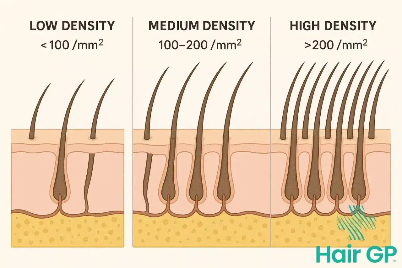 Illustration visar hur många hårstrån man har per kvadratmillimeter, från låg till hög densitet.