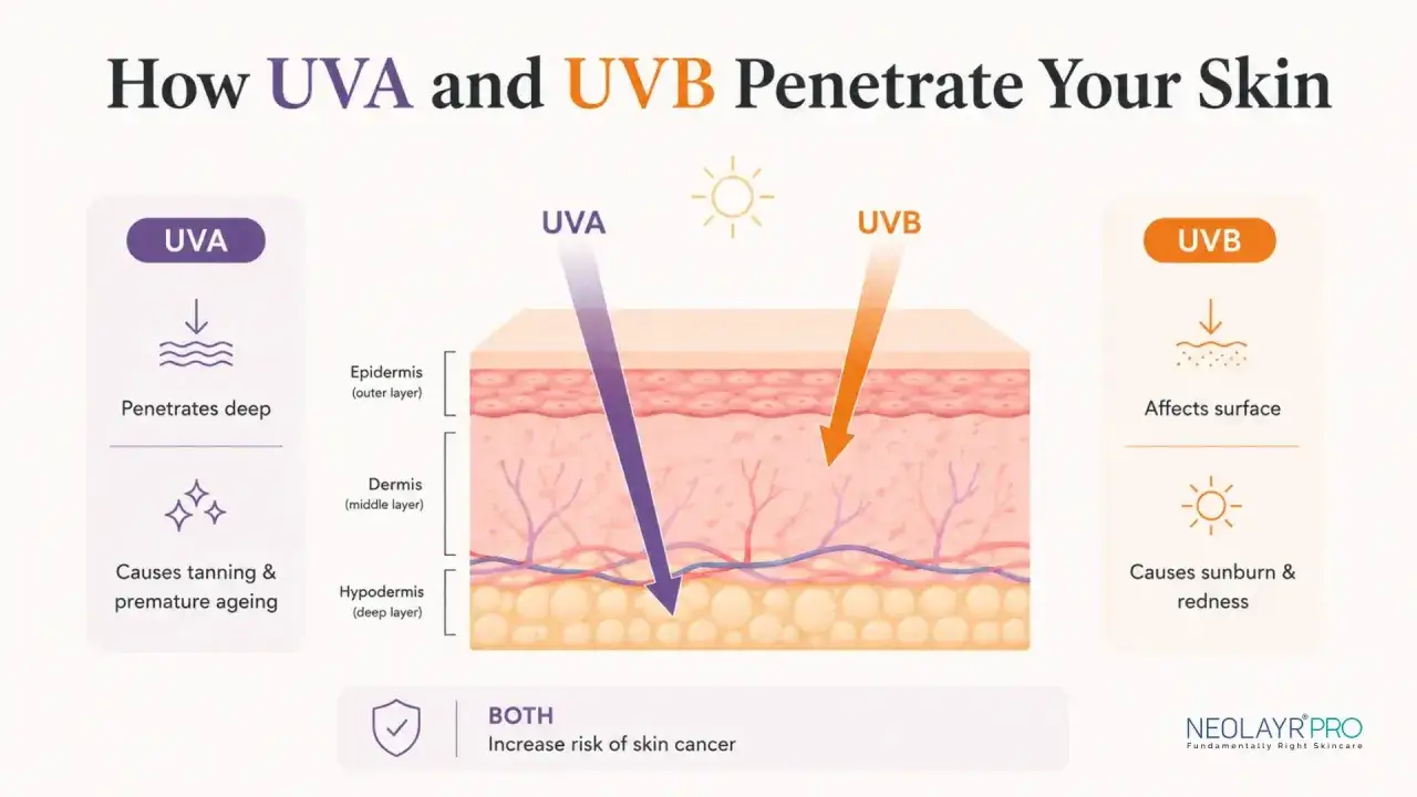 Illustration visar hur UVA-strålar tränger djupt in i huden och orsakar åldrande, medan UVB-strålar påverkar ytan och ger solbränna. Båda ökar risken för hudcancer.