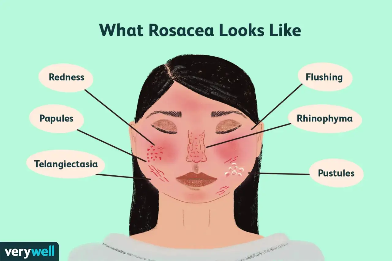 Illustration visar ansikte med rodnad, papler, telangiektasier, pustler och rhinophyma. Dessa är vanliga blemmor i ansiktet vid rosacea.
