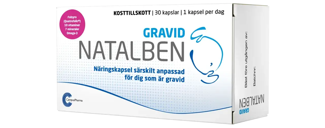 Natalben, näringskapsel för dig som är gravid, innehåller folsyra, vitaminer, mineraler och omega-3.