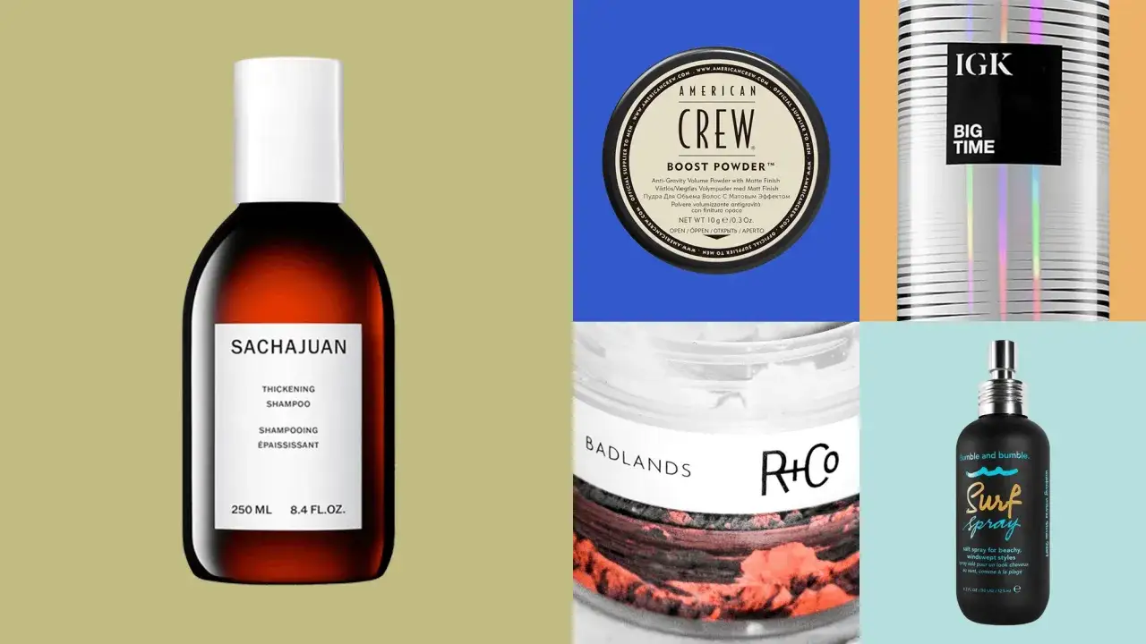 Produkter för hårvård, inklusive Sachajuan förtjockande schampo, American Crew Boost Powder och Bumble and bumble. Surf Spray, som kan hjälpa en tunnhårig man att skapa volym.