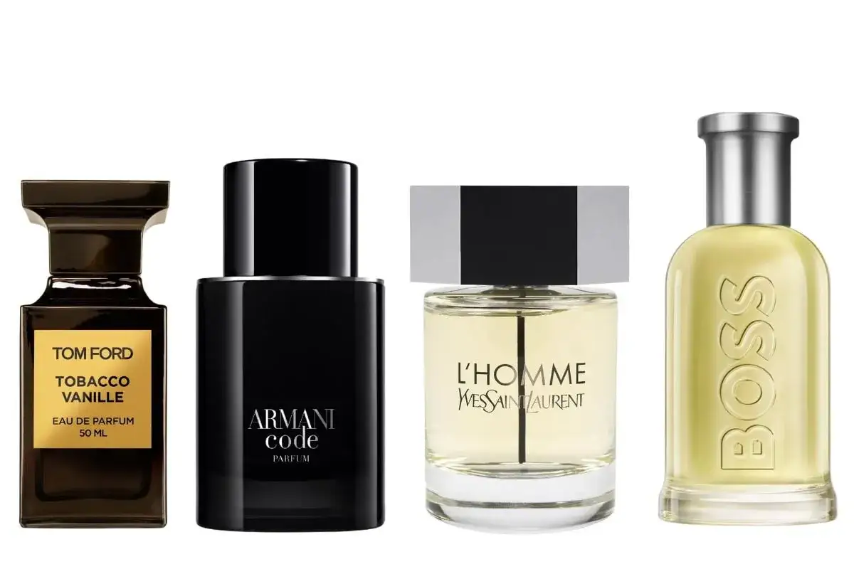 Fyra klassiska herrparfymer: Tom Ford Tobacco Vanille, Armani Code, L'Homme Yves Saint Laurent och Hugo Boss.