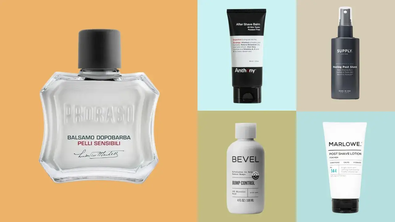 Produkter för att lugna irriterad hud efter rakning i ansiktet. Inkluderar after shave-balm, lotion och spray.