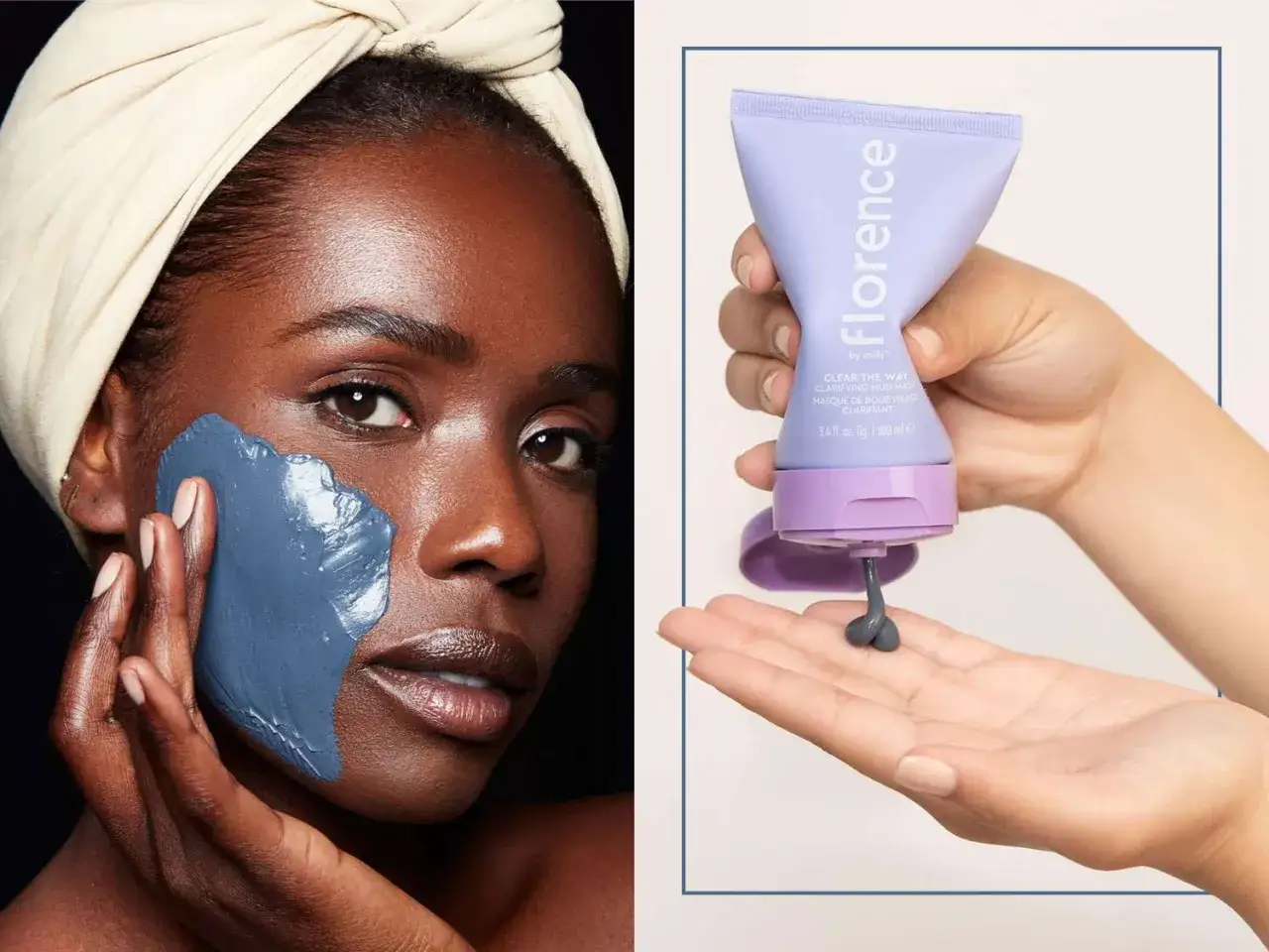 En kvinna applicerar en blå lermask som hjälper till att minska porer. En tub med masken syns bredvid.