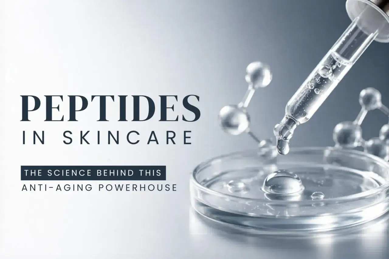 Droppe av serum med peptider i hudvård, vetenskapen bakom anti-aging.