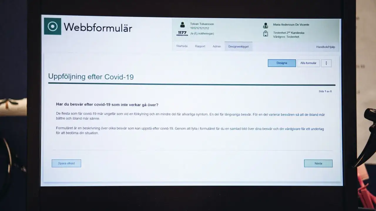 Webbformulär för uppföljning efter covid-19. Frågar om kvarstående besvär, ett vanligt covid symptom.