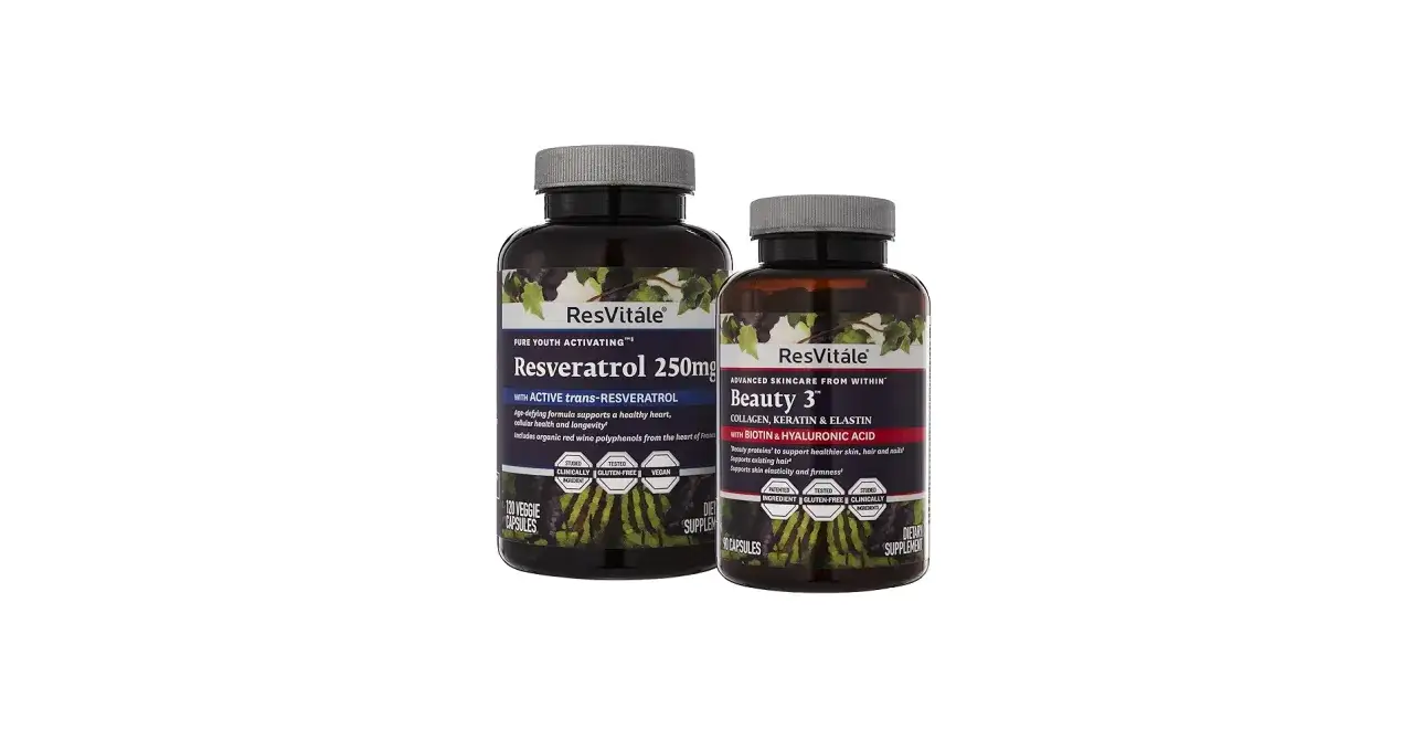 Två burkar kosttillskott från ResVitále: Resveratrol 250mg och Beauty 3 med kollagen. Perfekt för din resveratrol hudvård inifrån.